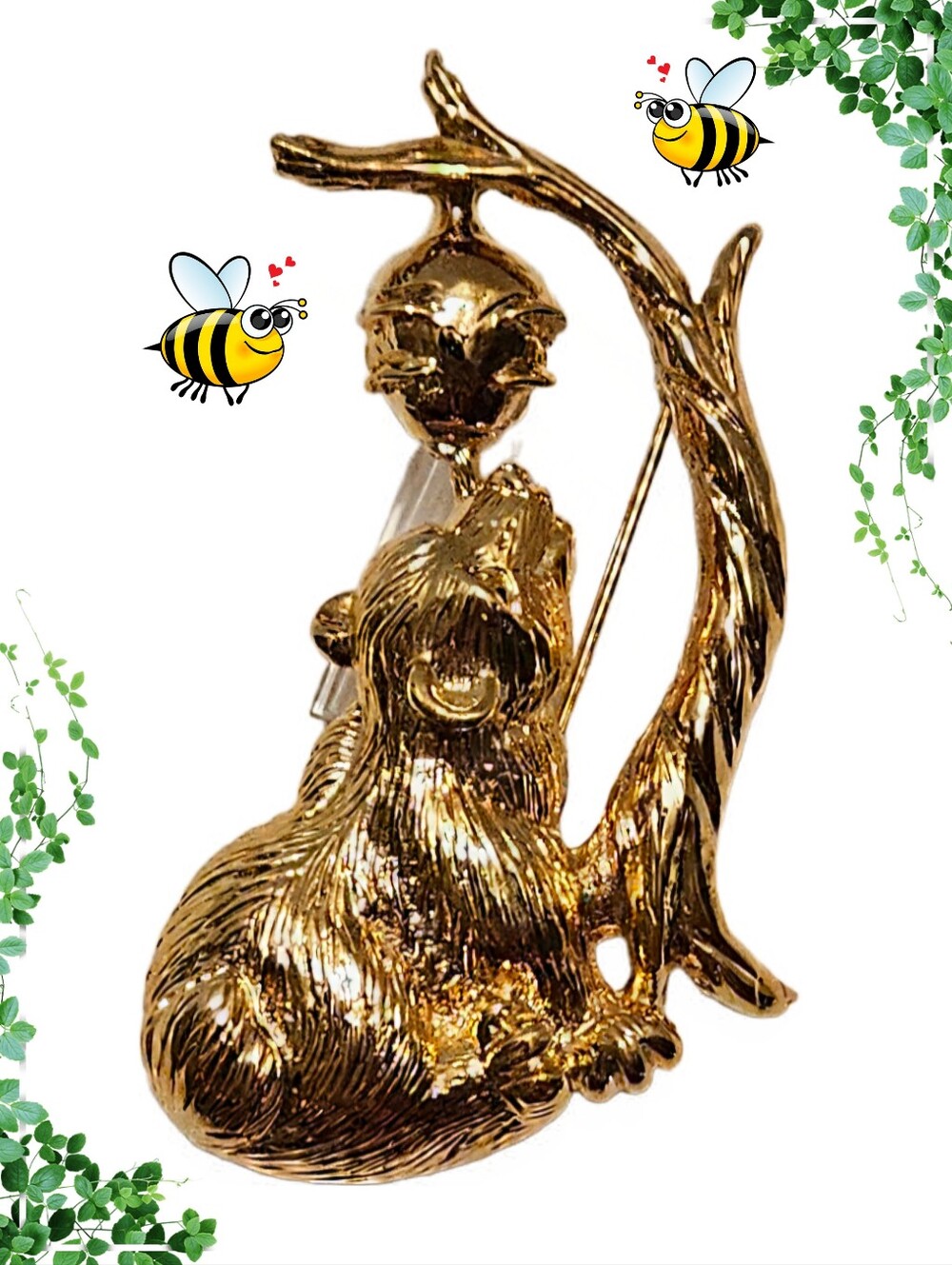 Vintage 1980's RA Gold Tone Honey Bear &  Beehive Brooch